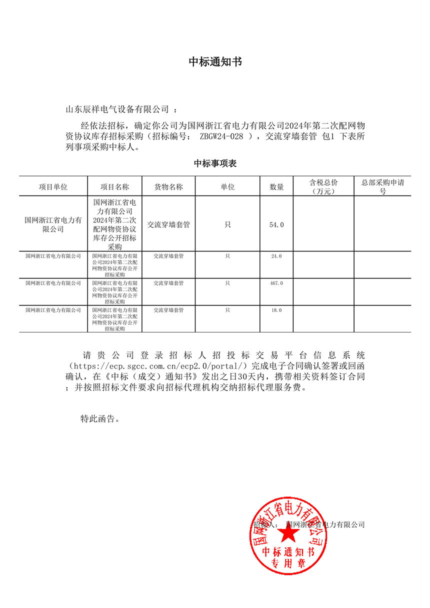 2024.11.29 交流穿墻套管中標通知書